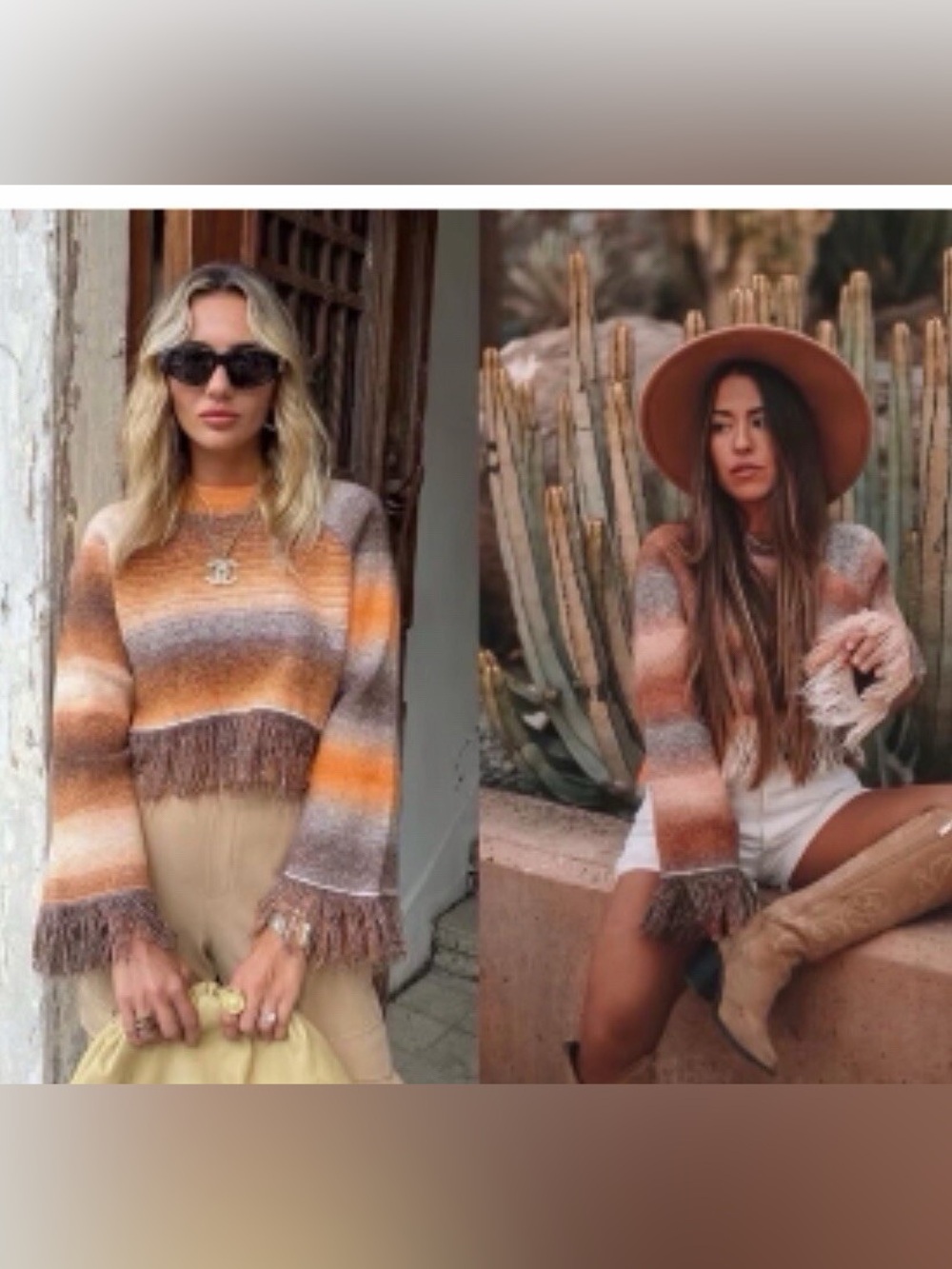 ZARA Gradient Crop Fringe Knit Sweater in Orange, Brown and Cream Size Small